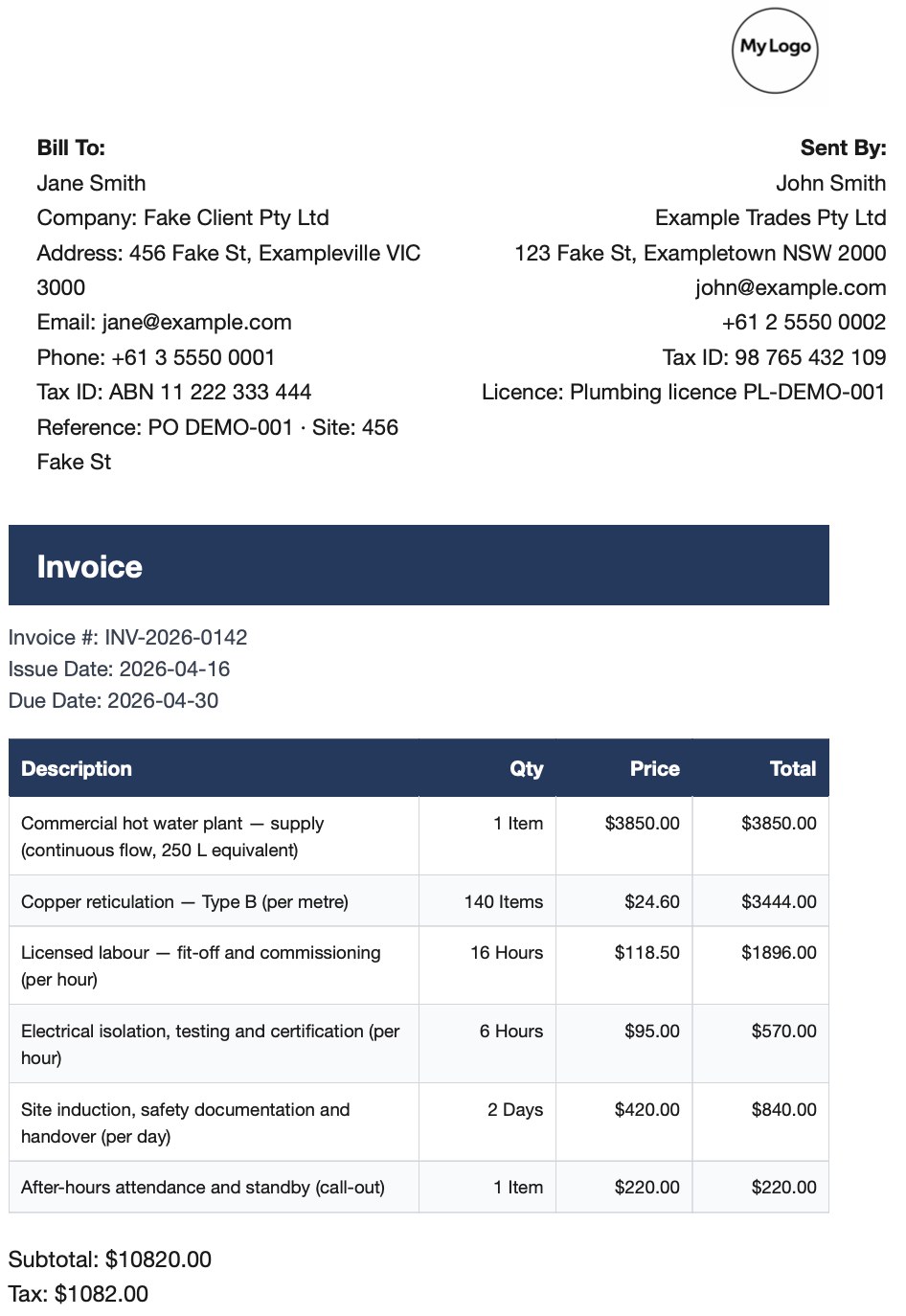 Corporate layout, invoice and quote style in BillBench™