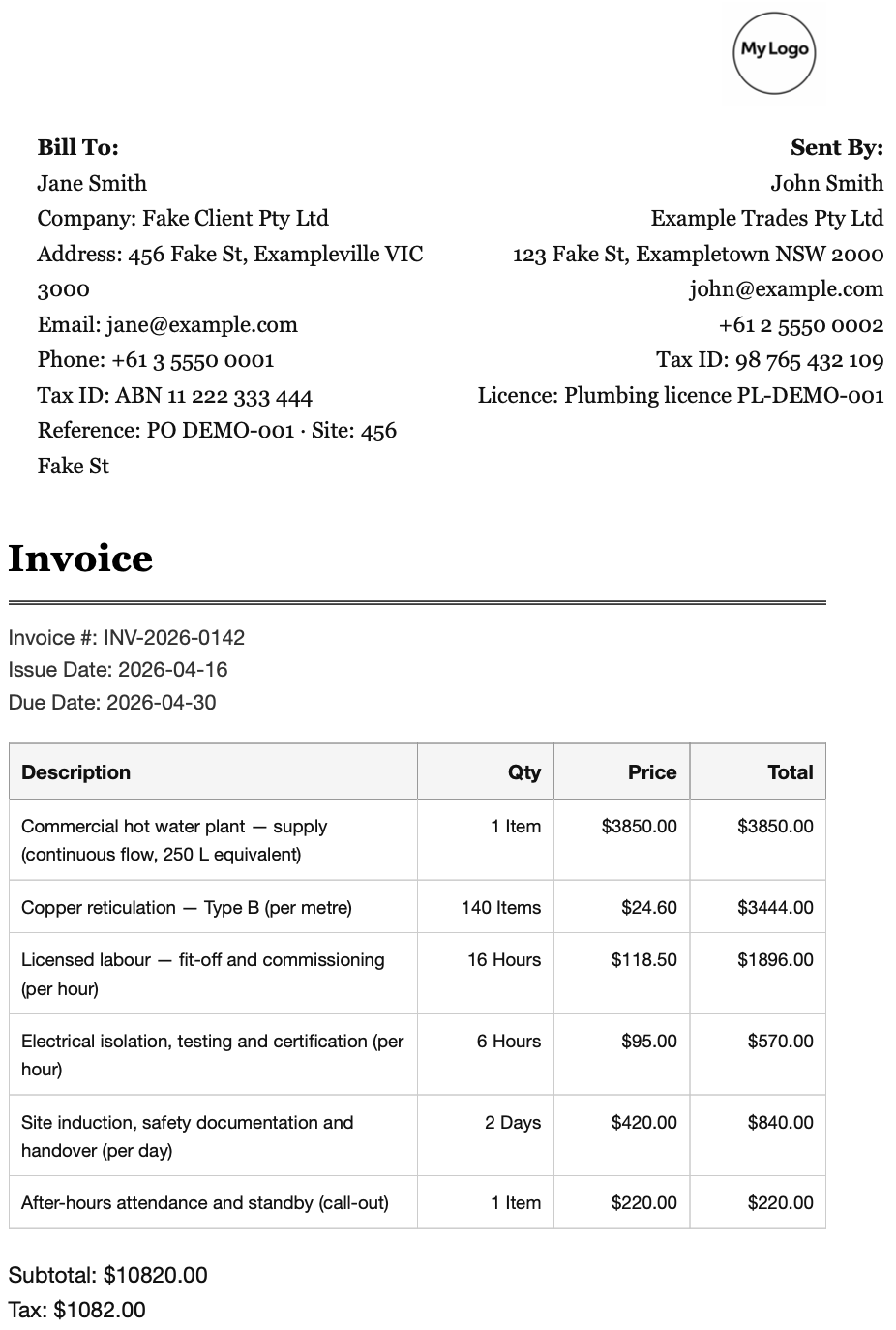 Executive layout, invoice and quote style in BillBench™