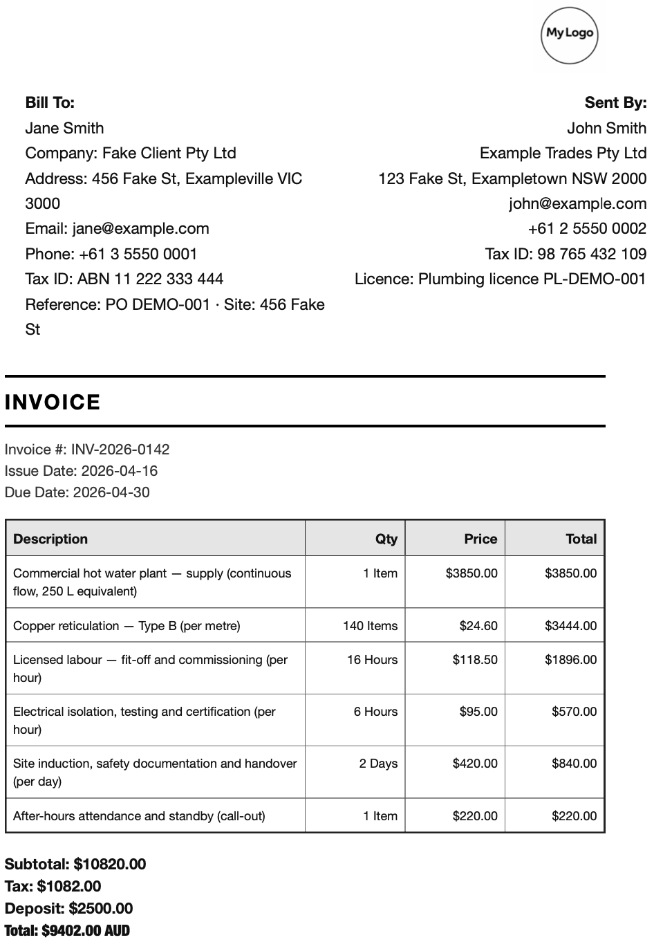 Ledger layout, invoice and quote style in BillBench™
