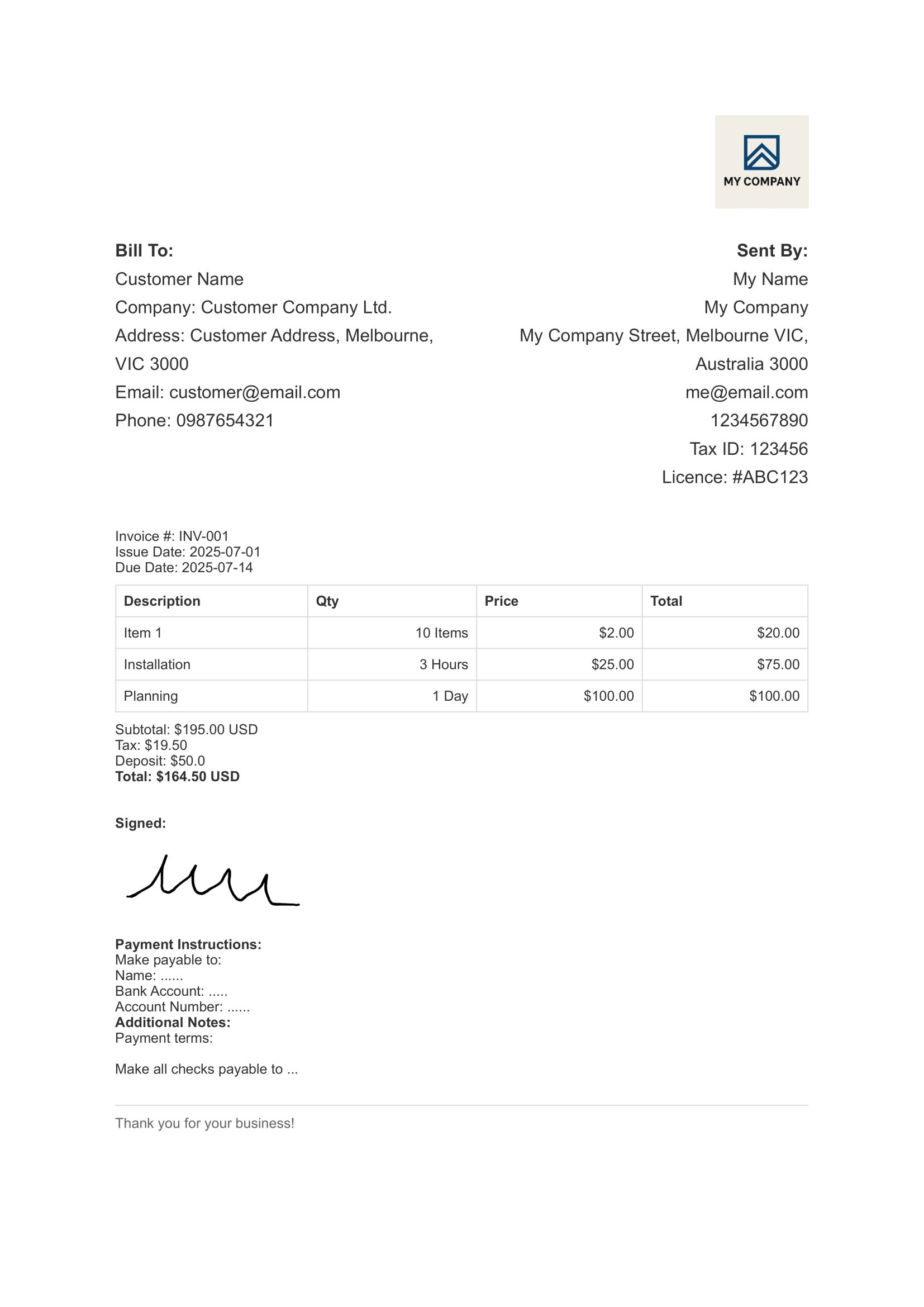 Minimal template preview - BillBench online invoice, quote and receipt generator