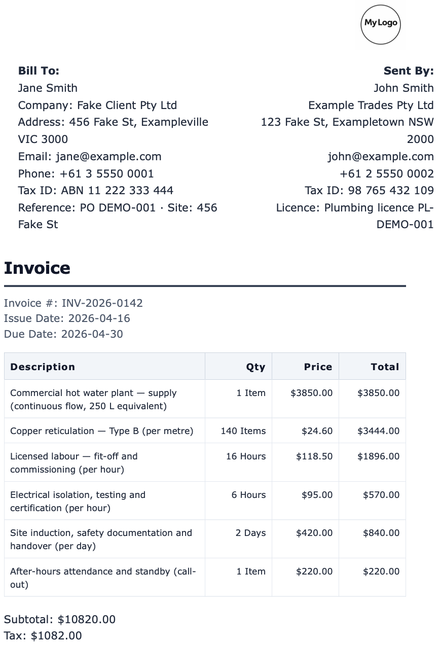 Professional layout, invoice and quote style in BillBench™