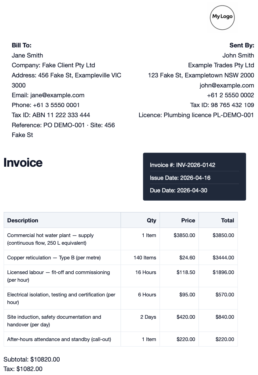 Sidebar layout with title and details panel, invoice and quote style in BillBench™