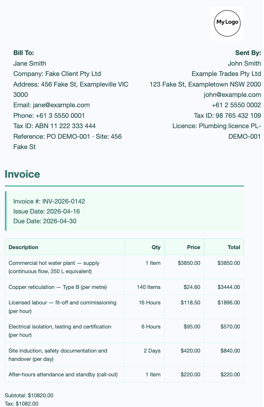 Studio layout, invoice and quote style in BillBench™